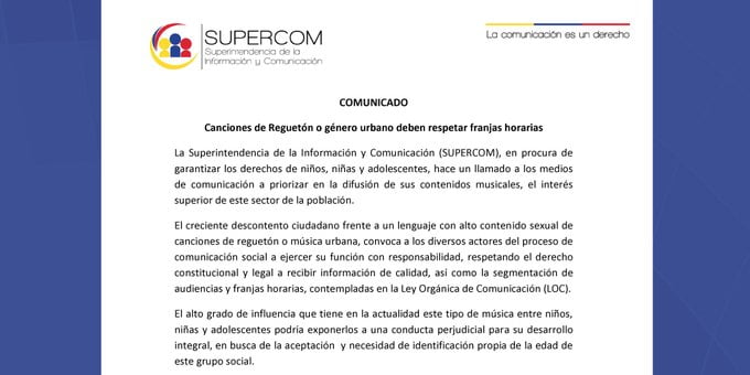 GRANDE ECUADOR: Prohíben el Reggaetón de 6AM a 6PM en los Medios de Comunicación y COLOMBIA CUANDO???