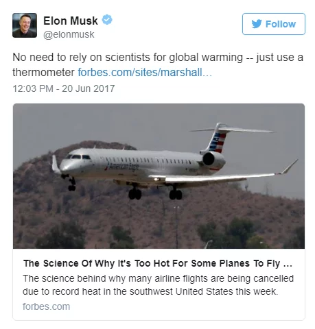 Elon Musk dice que para que estudios sobre el Calentamiento, tan sólo es mirar el Termómetro...